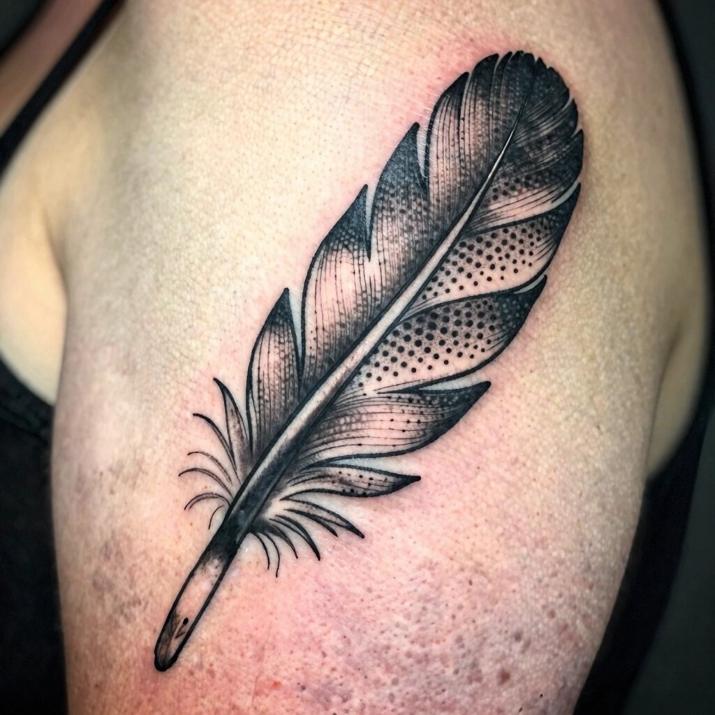 Blackwork Feather with Dotwork Shading