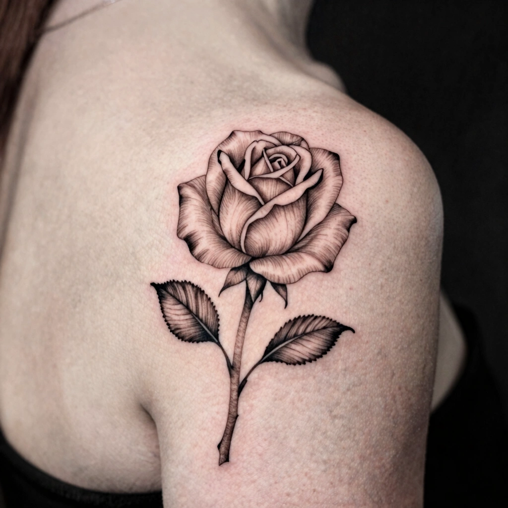 1. Fine-Line Single Rose Shoulder Tattoo