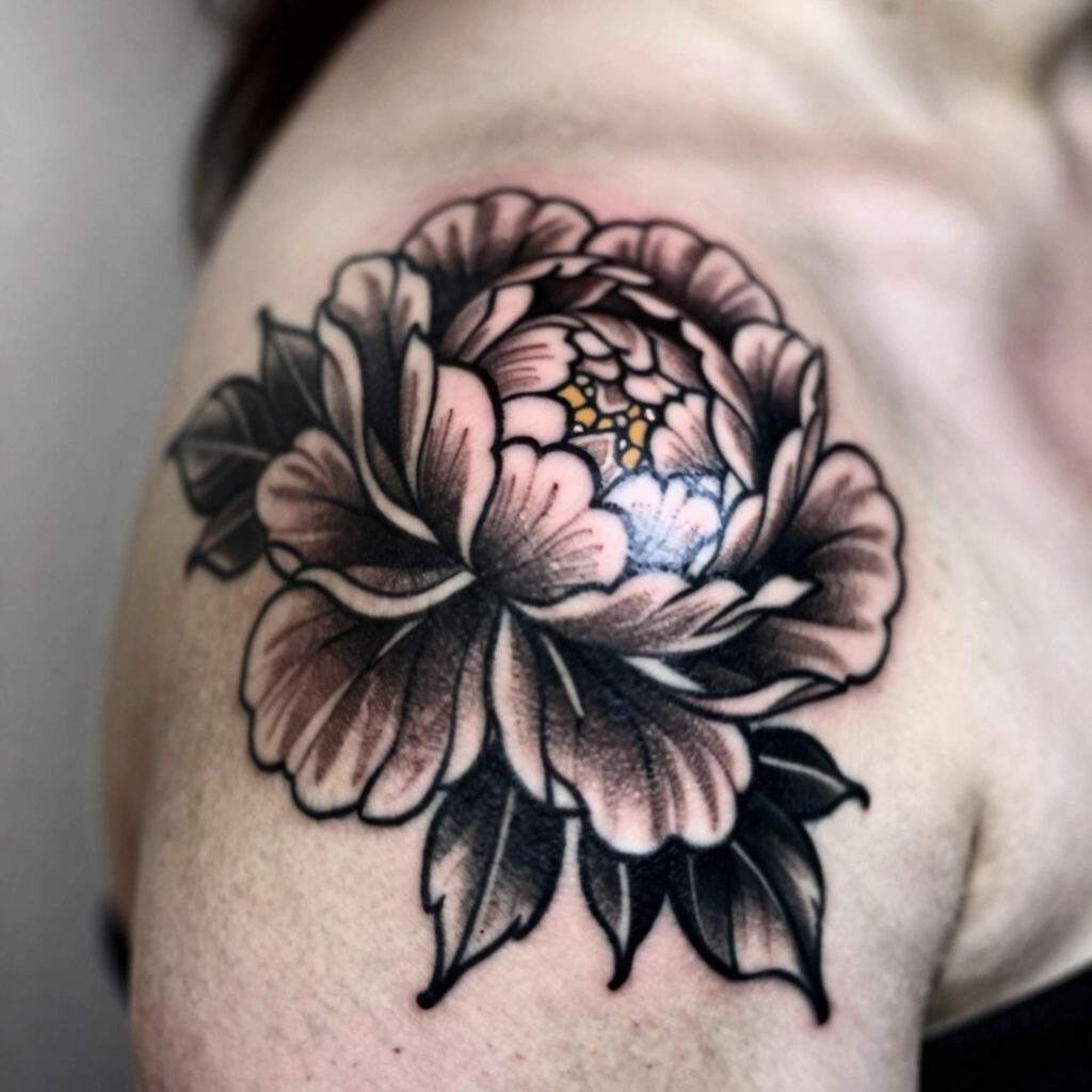 2. Blackwork Peony Cap Tattoo