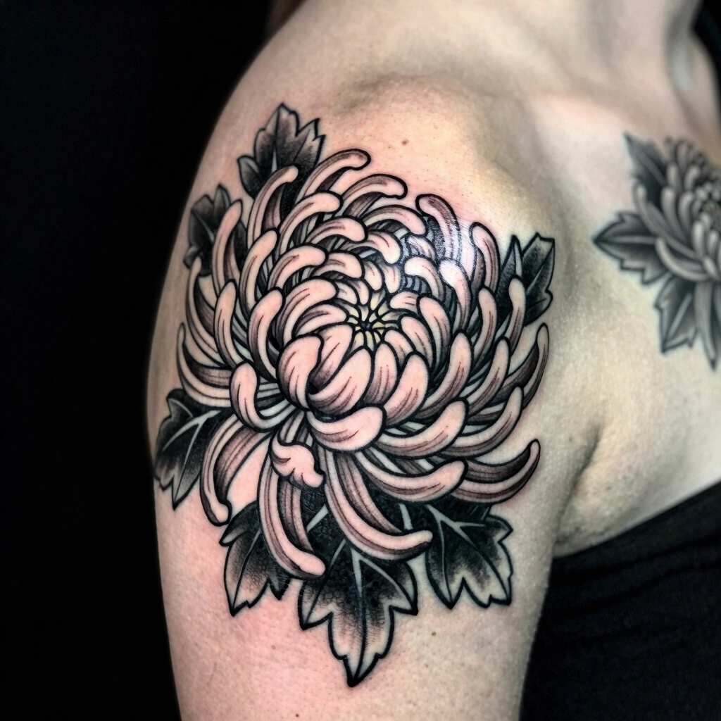 13. Chrysanthemum Blackwork Shoulder Piece