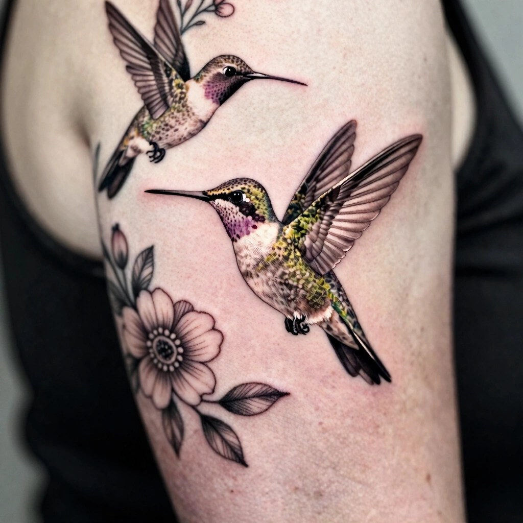 Fine-Line Hummingbird and Floral Sleeve