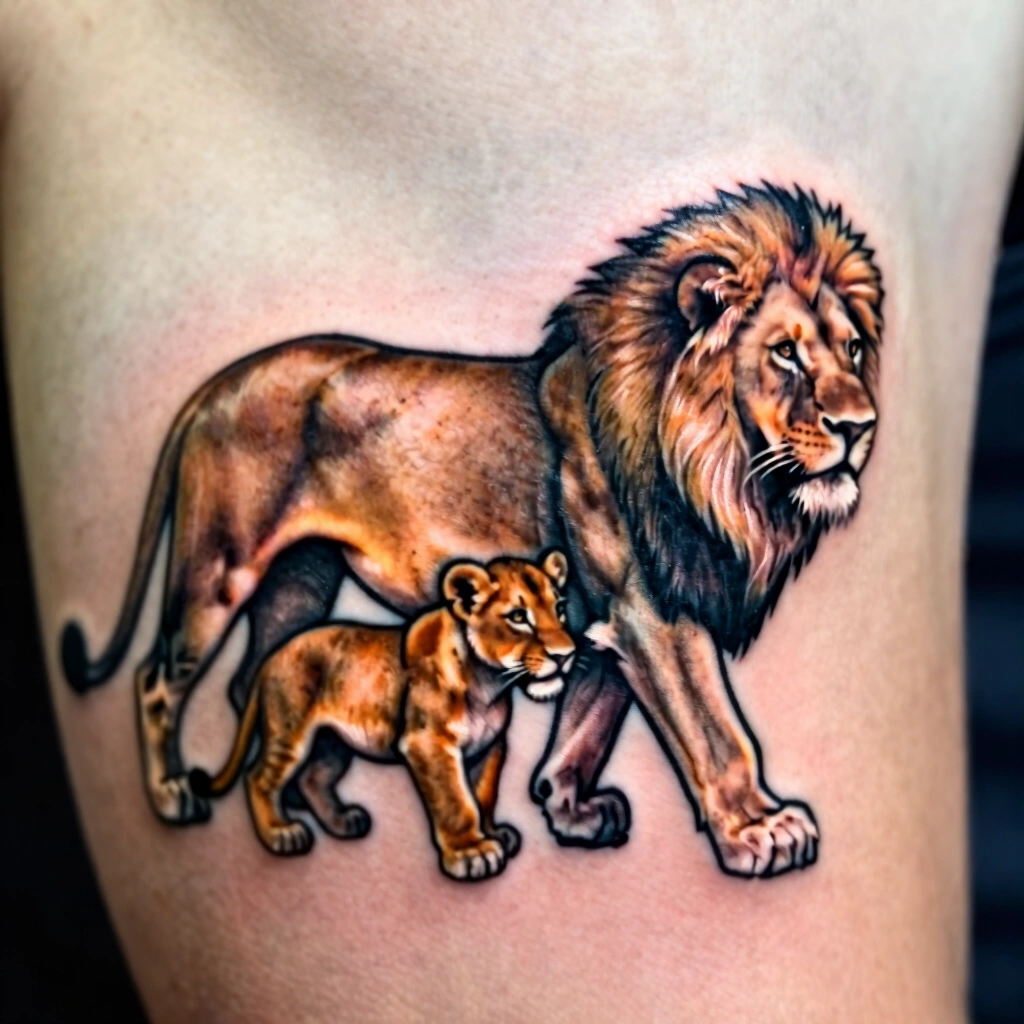 7. Lion and Cub Bond Tattoo