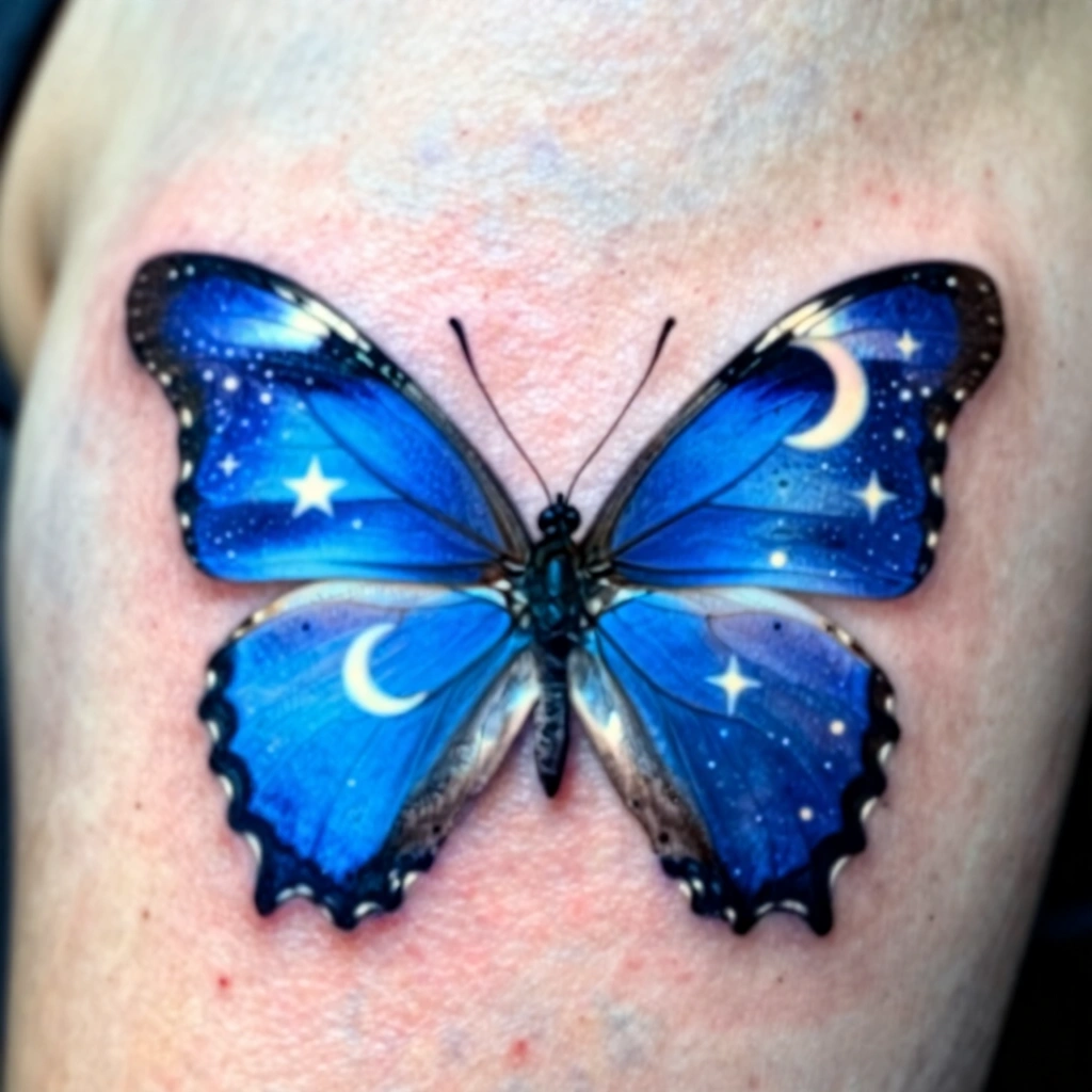 Blue Butterfly with Moon and Stars