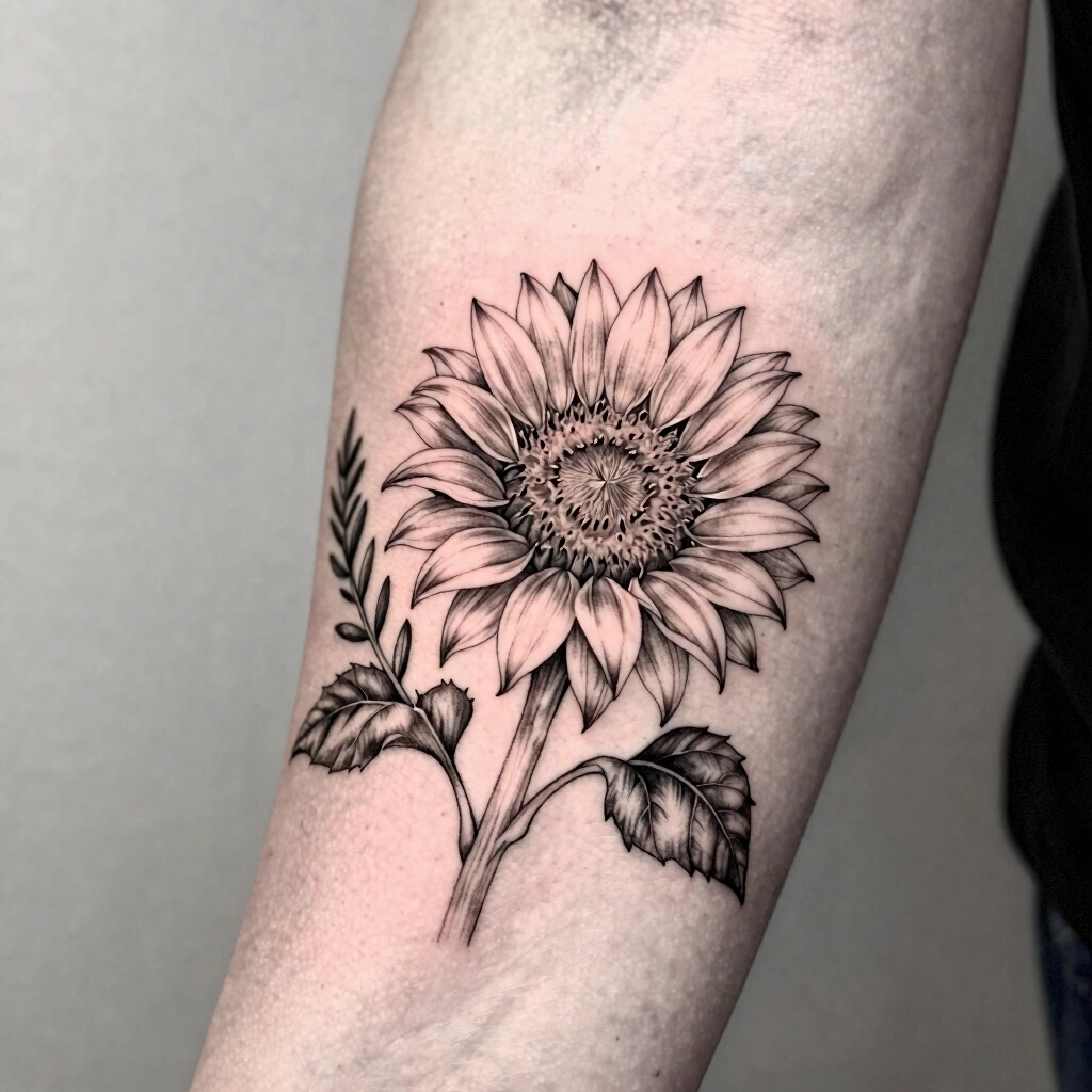 21. Fine-Line Sunflower or Botanical Study on Wrist