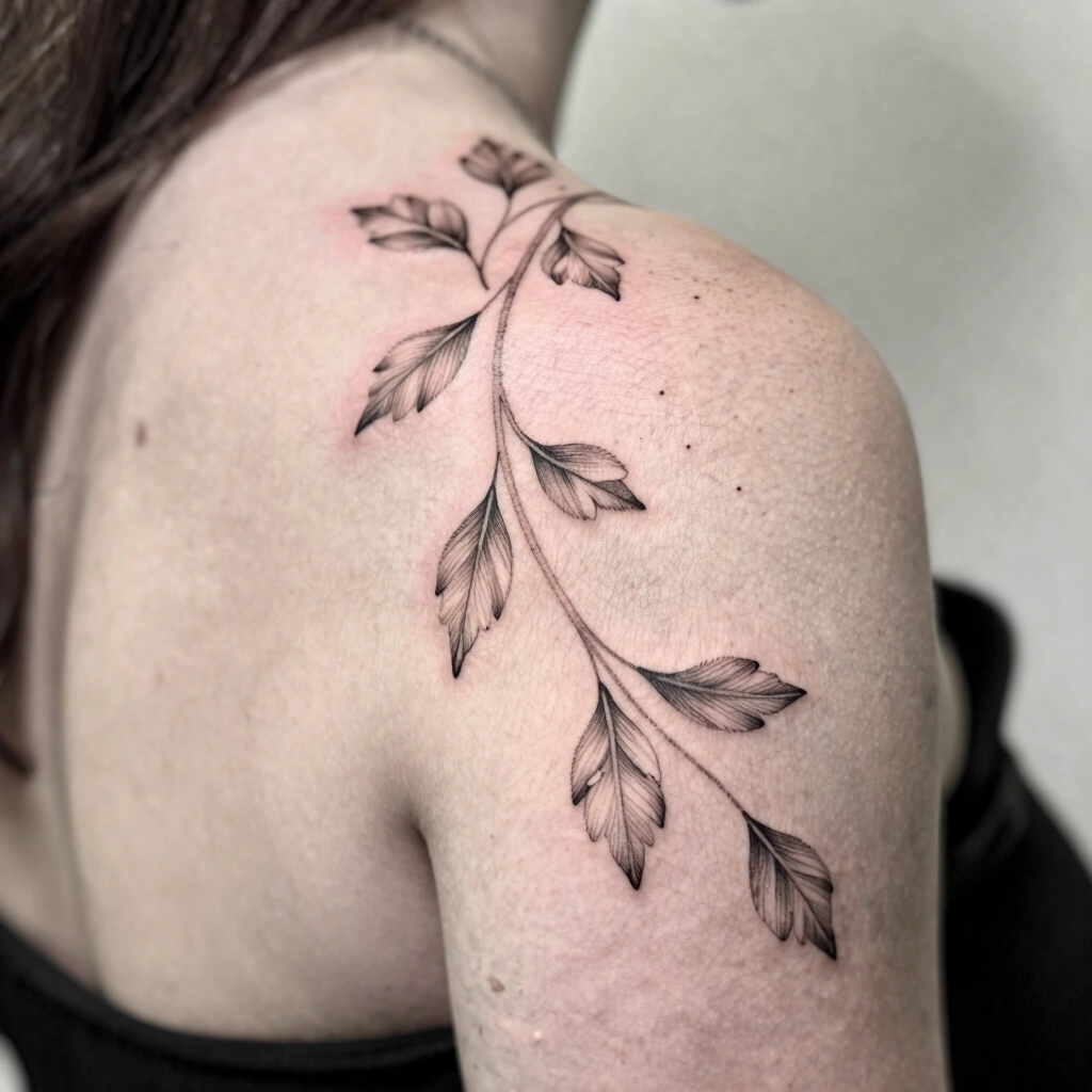 Fine-Line Floral Vine Shoulder Tattoo