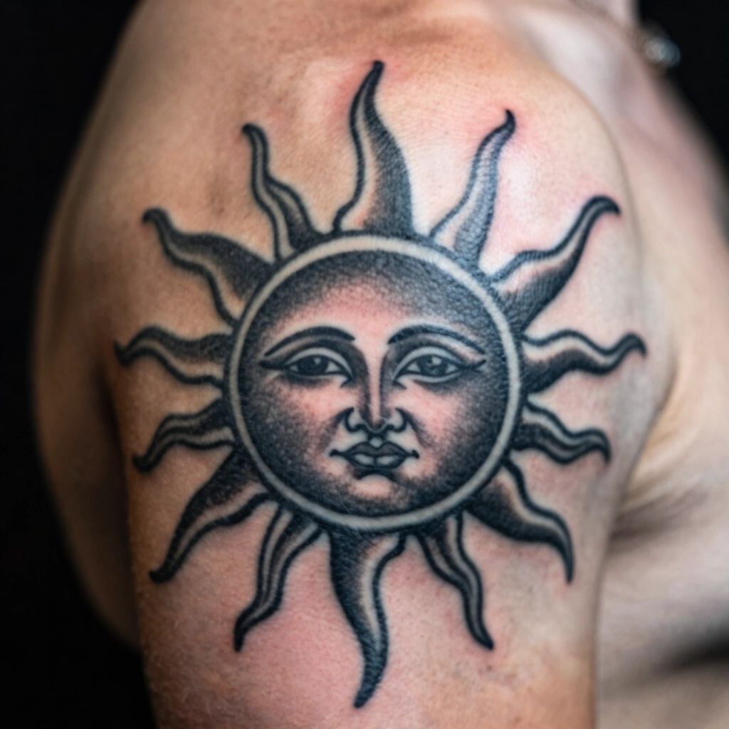Blackwork Sun Shoulder Tattoo