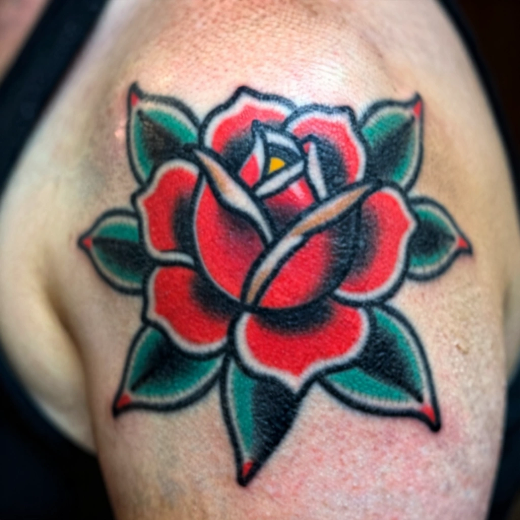 Bold Traditional Rose Shoulder Tattoo