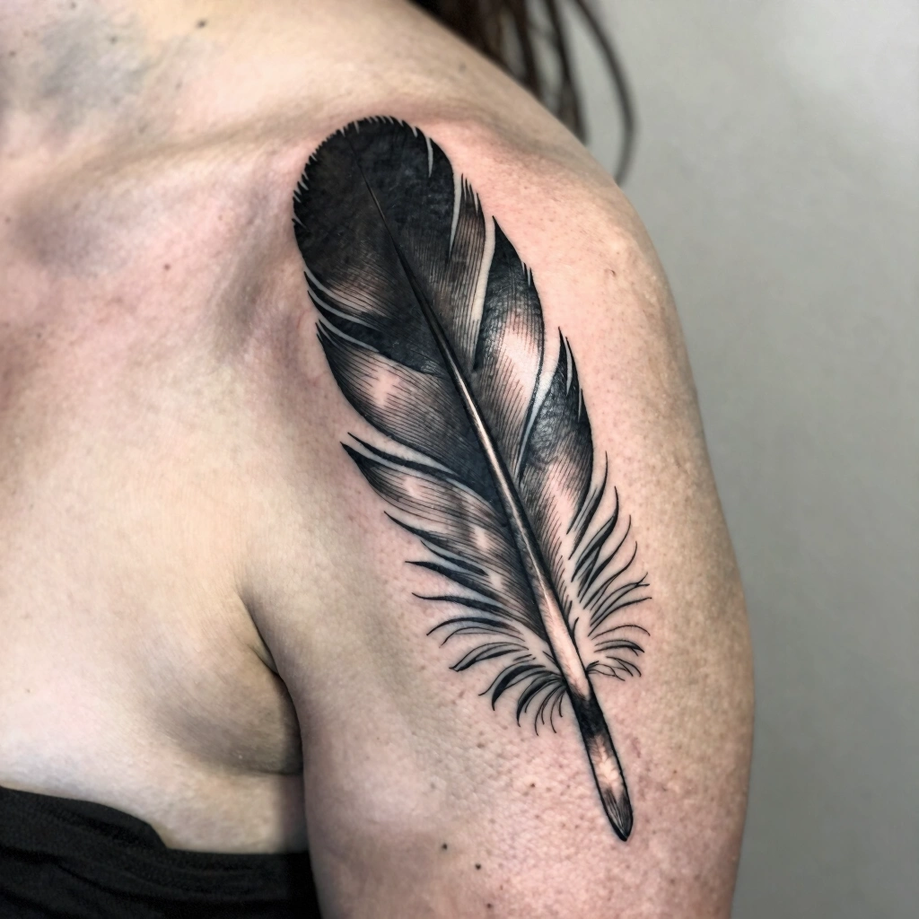 Blackwork Feather Shoulder Tattoo