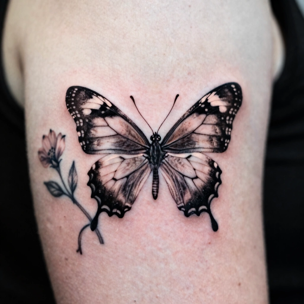 Butterfly And Flower Combination Tattoo