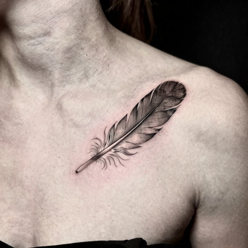 10. Fine-Line Feather or Leaf on the Collarbone