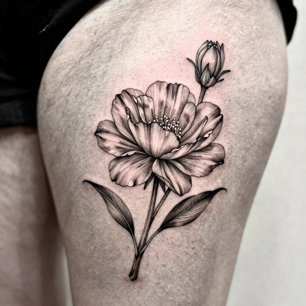16. Fine-Line Portrait-Style Botanical on the Thigh