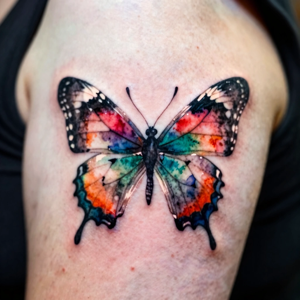 Watercolor-Style Butterfly on the Outer Thigh