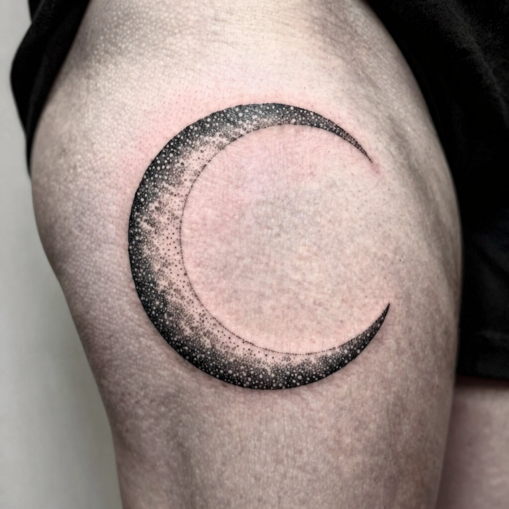 14. Dotwork-Shaded Crescent Moon Thigh Tattoo