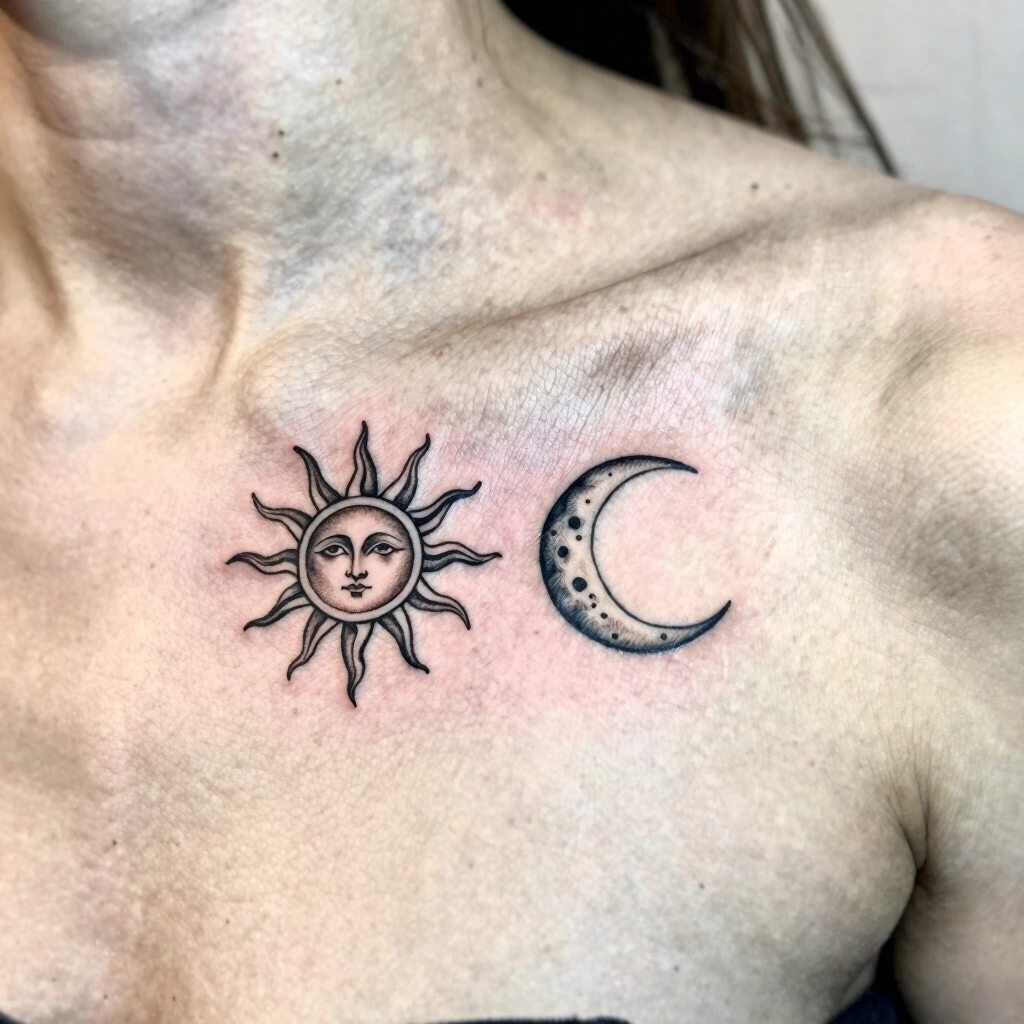 16. Sun and Moon Collarbone Tattoo
