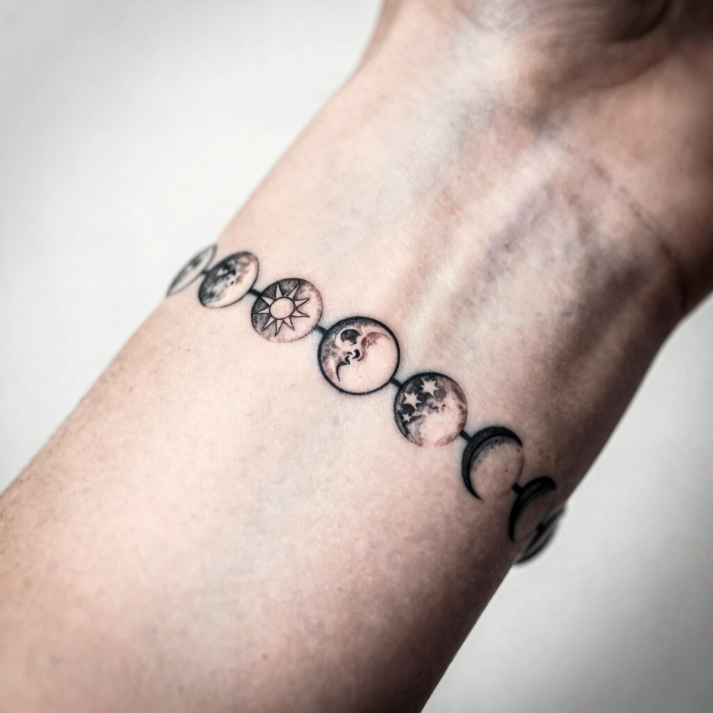 21. Moon Phases Bracelet Tattoo with Sun Accent