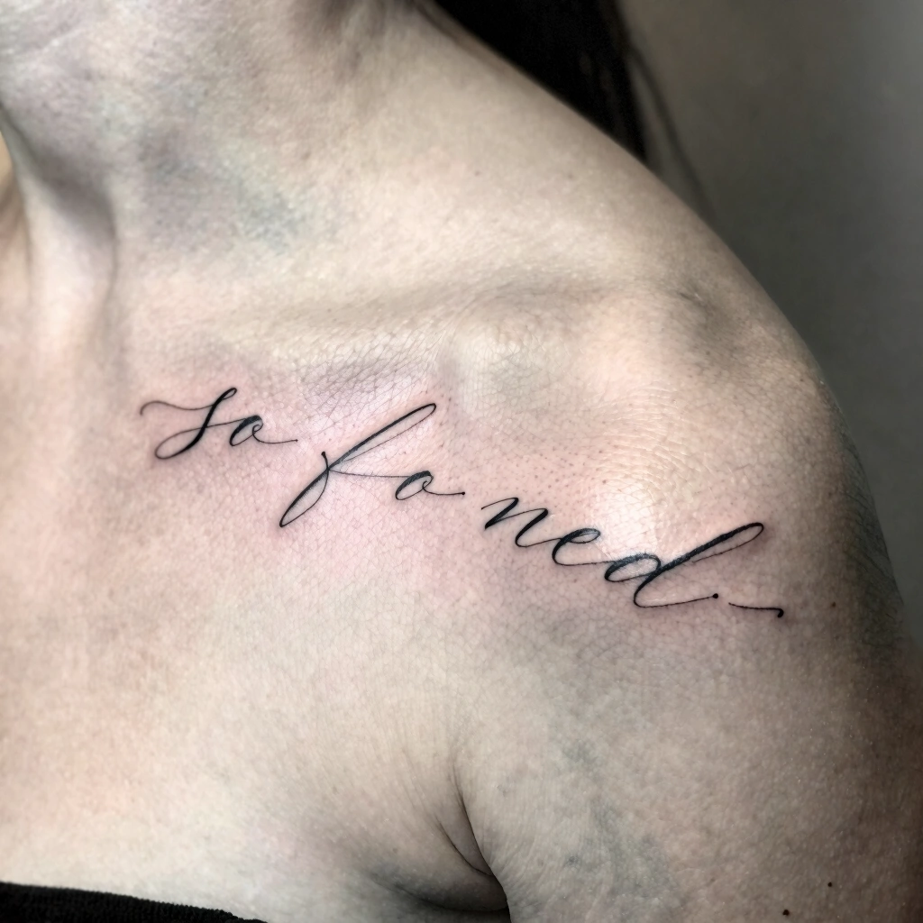 5. Single-Needle Script Quote Along Collarbone to Shoulder